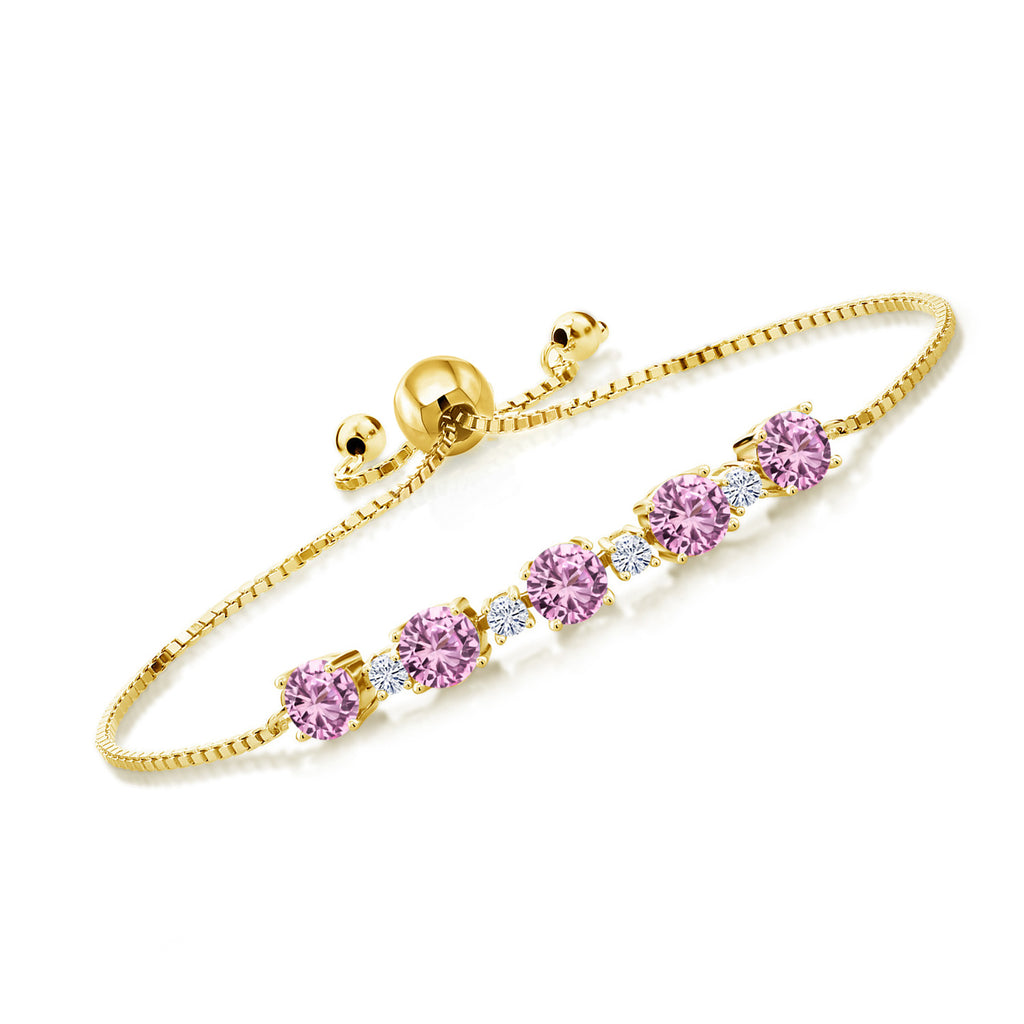 Gem Stone King 18K Yellow Gold Plated Silver Gemstone Birthstone and White Moissanite Tennis Bracelet for Women | Round 5MM and 2.5MM | Adjustable Bolo Design | Easy-On Easy-Off | Fully Adjustable Up to 9 Inch