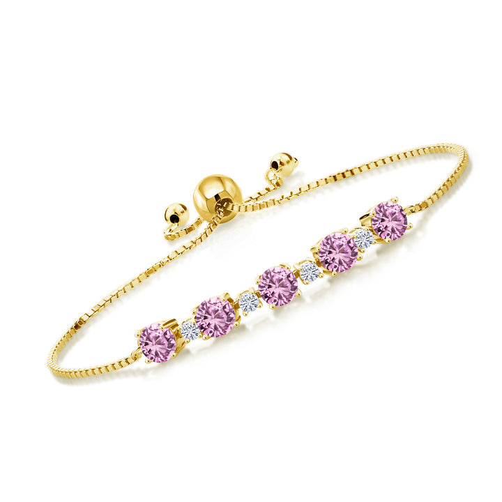 Gem Stone King 18K Yellow Gold Plated Silver Gemstone Birthstone and White Moissanite Tennis Bracelet for Women | Round 5MM and 2.5MM | Adjustable Bolo Design | Easy-On Easy-Off | Fully Adjustable Up to 9 Inch