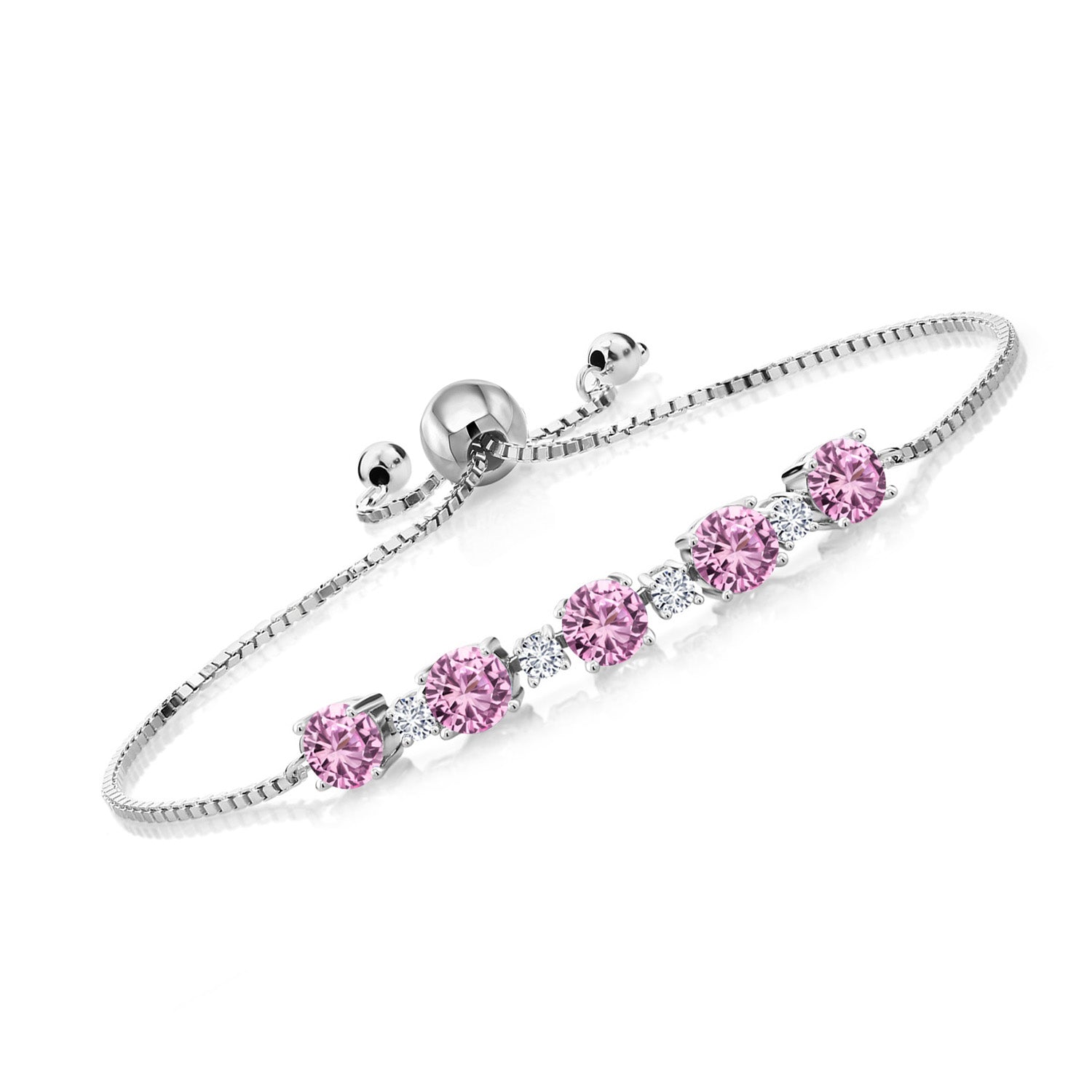 925 Sterling Silver Pink Created Sapphire and White Lab Grown Diamond Tennis Bracelet For Women (3.01 Cttw, Center Stone: 5MM, Small Stones: 2.5MM, Fully Adjustable Up to 9 Inch)