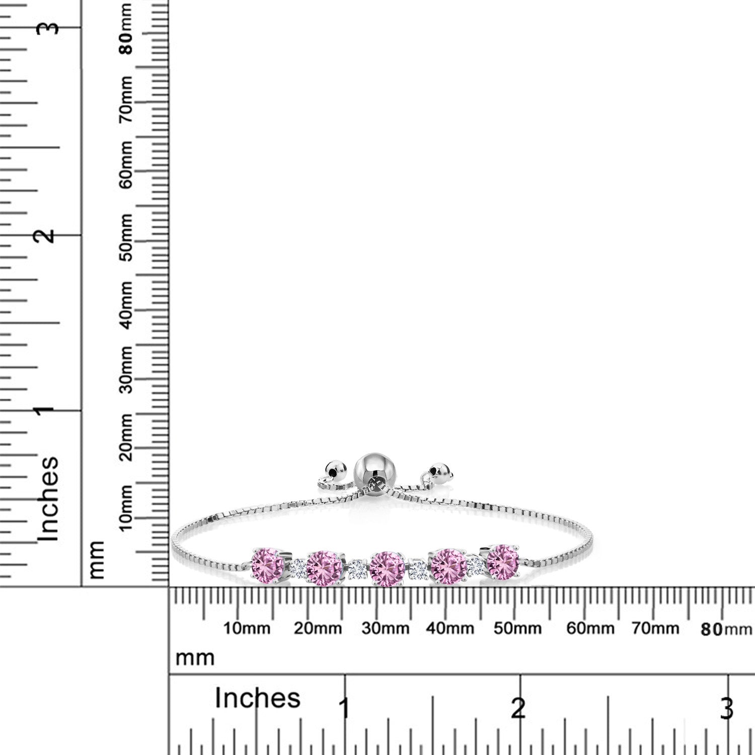 925 Sterling Silver Pink Created Sapphire and White Lab Grown Diamond Tennis Bracelet For Women (3.01 Cttw, Center Stone: 5MM, Small Stones: 2.5MM, Fully Adjustable Up to 9 Inch)