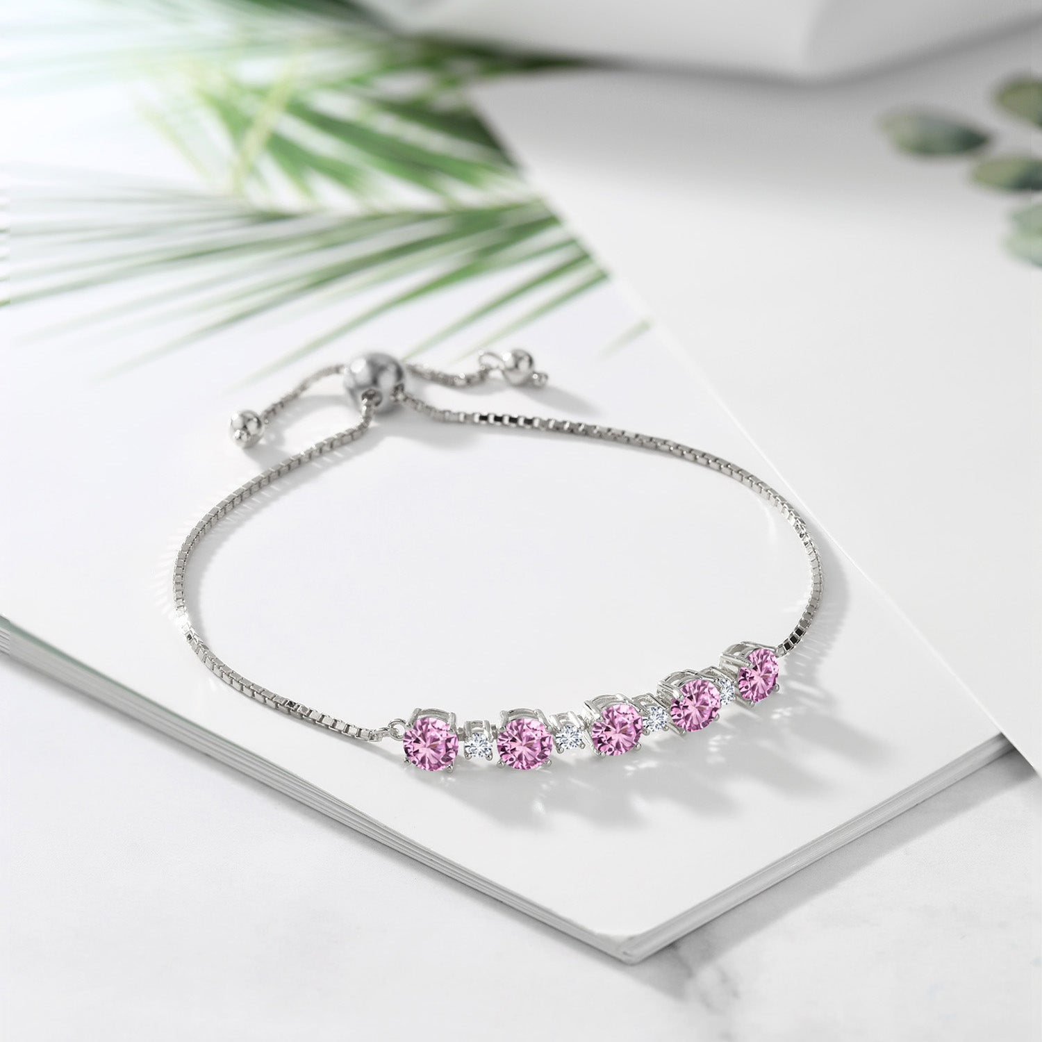 925 Sterling Silver Pink Created Sapphire and White Lab Grown Diamond Tennis Bracelet For Women (3.01 Cttw, Center Stone: 5MM, Small Stones: 2.5MM, Fully Adjustable Up to 9 Inch)