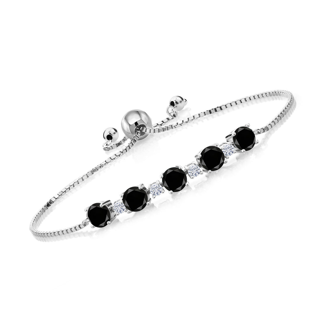 Gem Stone King 925 Sterling Silver Gemstone Birthstone and White Moissanite Tennis Bracelet for Women | Round 5MM and 2.5MM | Adjustable Bolo Design | Easy-On Easy-Off | Fully Adjustable Up to 9 Inch
