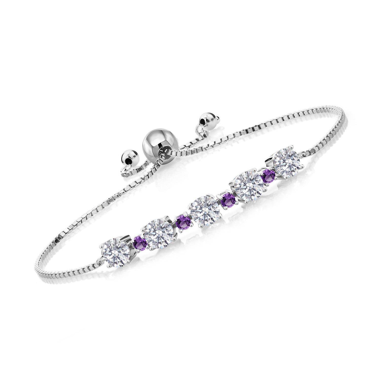 925 Sterling Silver Lab Grown Diamond and Purple Amethyst Bracelet For Women | 2.74 Cttw | Gemstone April Birthstone | Round 5MM