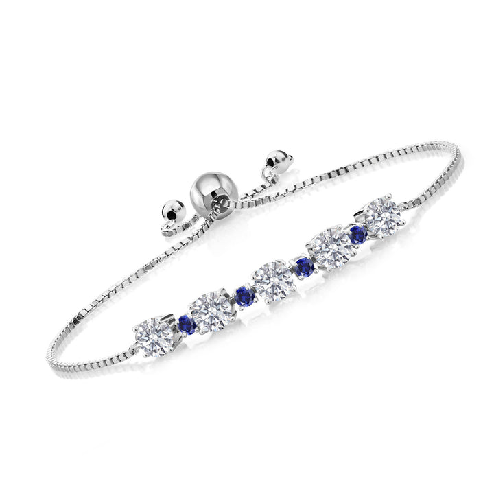 925 Sterling Silver Lab Grown Diamond and Blue Created Sapphire Bracelet For Women | 2.70 Cttw | Gemstone April Birthstone | Round 5MM