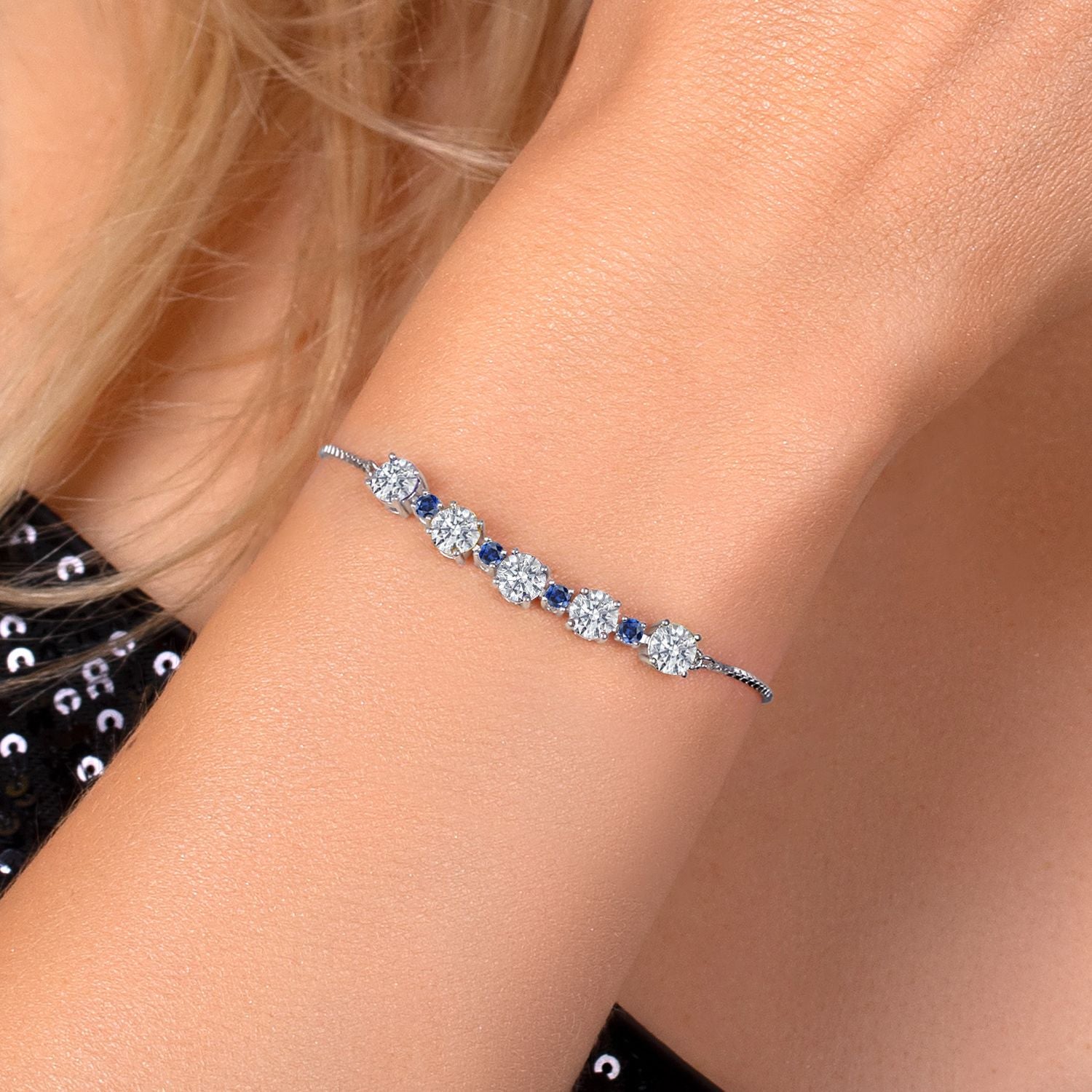 925 Sterling Silver Lab Grown Diamond and Blue Created Sapphire Bracelet For Women | 2.70 Cttw | Gemstone April Birthstone | Round 5MM