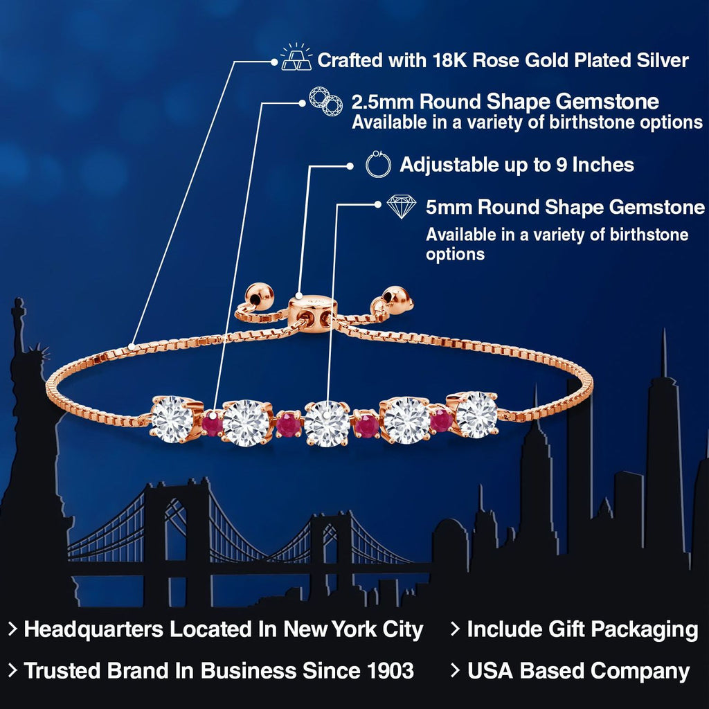 Gemstone Birthstone and Ruby Tennis Bracelet for Women in 18K Rose Gold Plated Silver | Round 5MM and 2.5MM | Adjustable Bolo Design | Easy-On Easy-Off | Fully Adjustable Up to 9 Inch