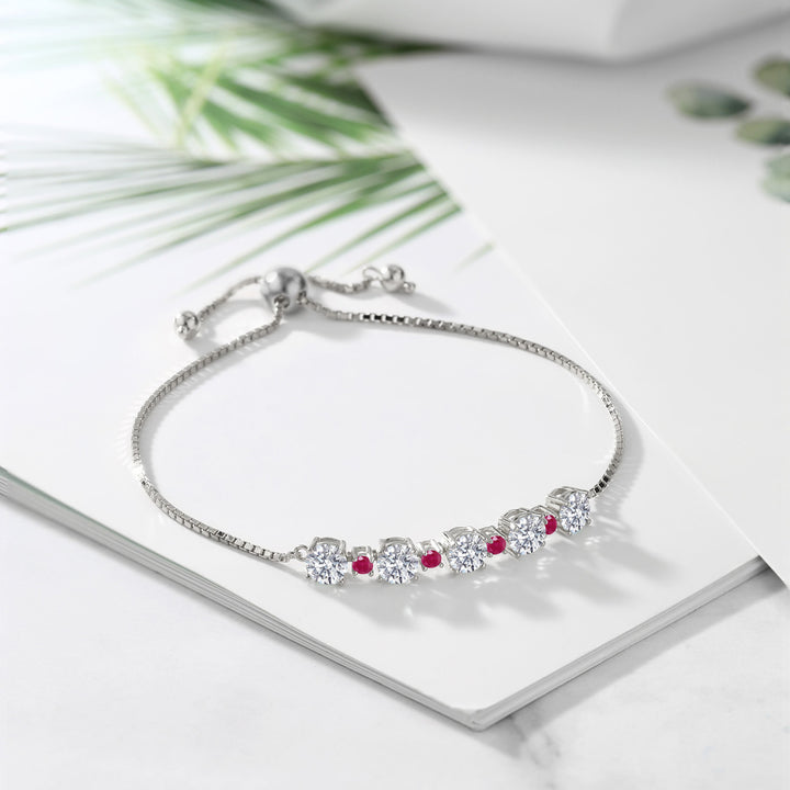 925 Sterling Silver Lab Grown Diamond and Red Ruby Bracelet For Women | 2.74 Cttw | Gemstone April Birthstone | Round 5MM