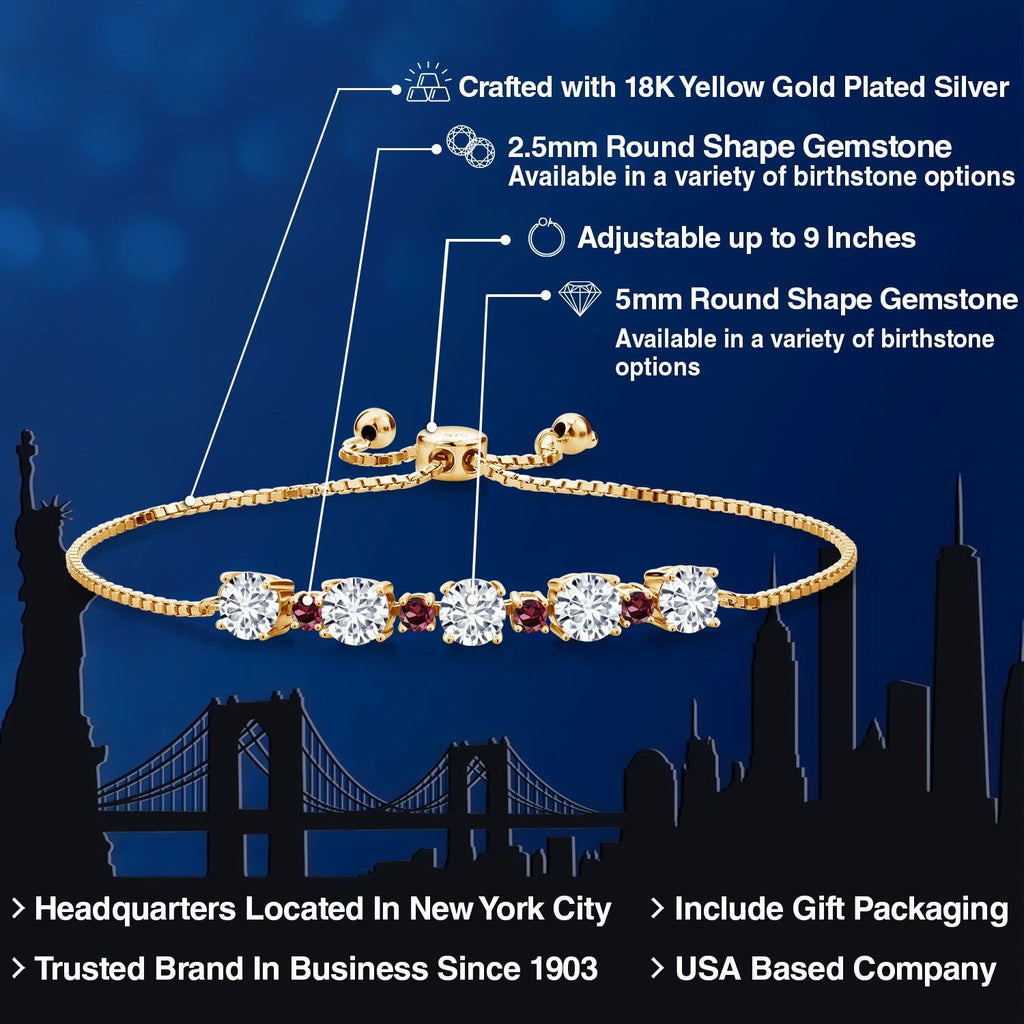 Gemstone Birthstone and Rhodolite Garnet Tennis Bracelet for Women in 18K Yellow Gold Plated Silver | Round 5MM and 2.5MM | Adjustable Bolo Design | Easy-On Easy-Off | Fully Adjustable Up to 9 Inch
