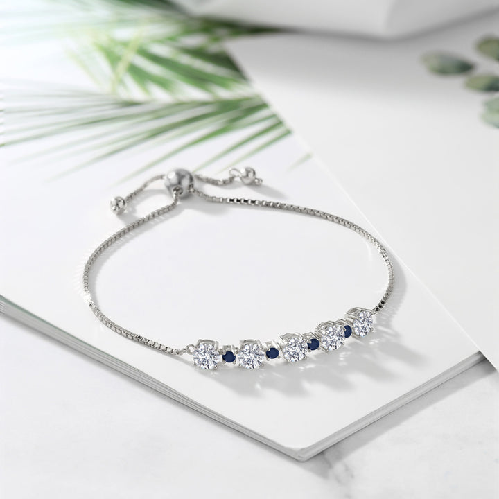 925 Sterling Silver Lab Grown Diamond and Blue Sapphire Bracelet For Women | 2.74 Cttw | Gemstone April Birthstone | Round 5MM