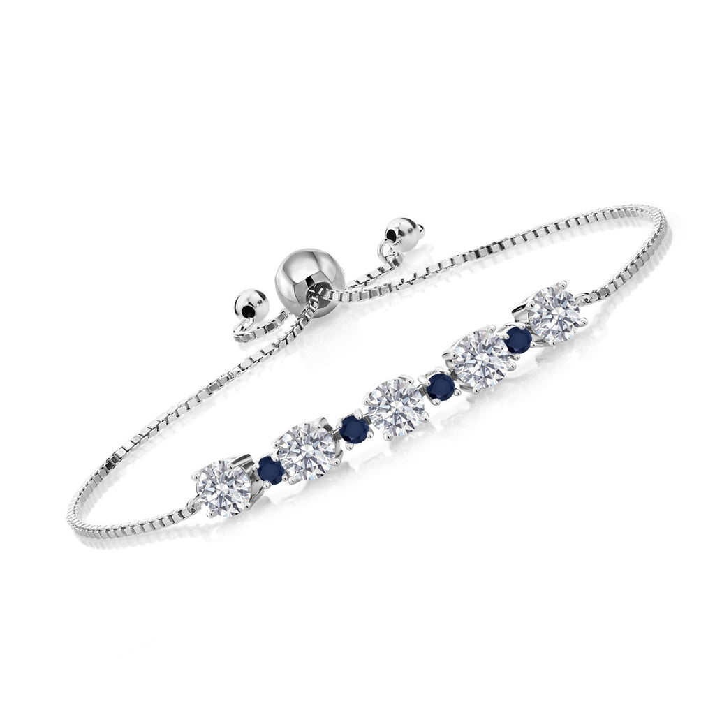 Gem Stone King 925 Sterling Silver Gemstone Birthstone and Blue Sapphire Tennis Bracelet for Women | Round 5MM and 2.5MM | Adjustable Bolo Design | Easy-On Easy-Off | Fully Adjustable Up to 9 Inch