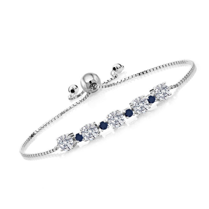 Gem Stone King 925 Sterling Silver Gemstone Birthstone and Blue Sapphire Tennis Bracelet for Women | Round 5MM and 2.5MM | Adjustable Bolo Design | Easy-On Easy-Off | Fully Adjustable Up to 9 Inch