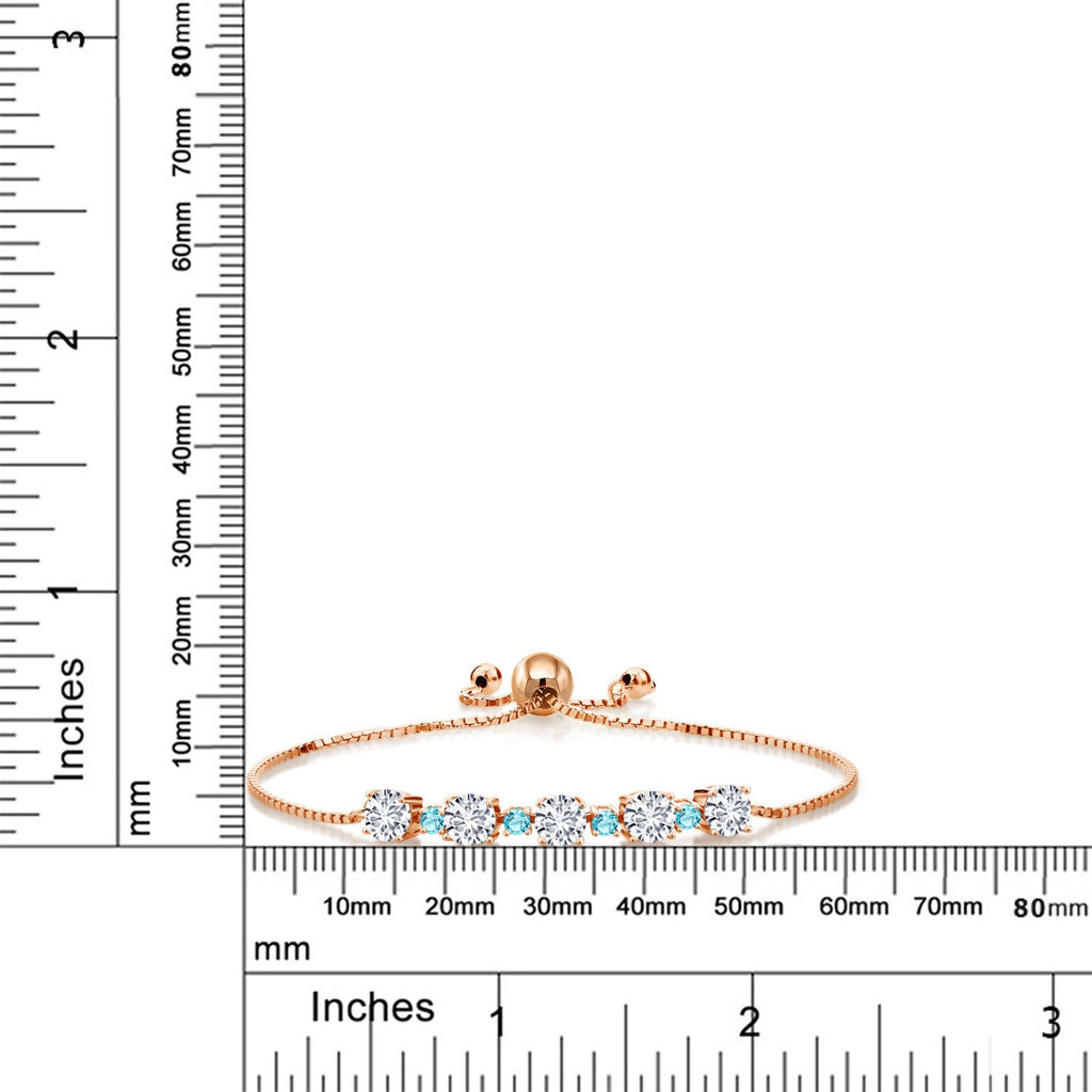Gemstone Birthstone and Swiss Blue Topaz Tennis Bracelet for Women in 18K Rose Gold Plated Silver | Round 5MM and 2.5MM | Adjustable Bolo Design | Easy-On Easy-Off | Fully Adjustable Up to 9 Inch