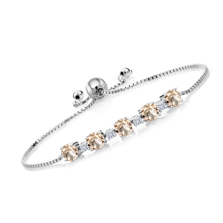 Gem Stone King 925 Sterling Silver Gemstone Birthstone and White Moissanite Tennis Bracelet for Women | Round 5MM and 2.5MM | Adjustable Bolo Design | Easy-On Easy-Off | Fully Adjustable Up to 9 Inch