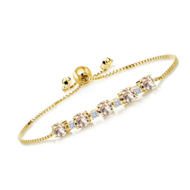 Gem Stone King 18K Yellow Gold Plated Silver Gemstone Birthstone and White Moissanite Tennis Bracelet for Women | Round 5MM and 2.5MM | Adjustable Bolo Design | Easy-On Easy-Off | Fully Adjustable Up to 9 Inch