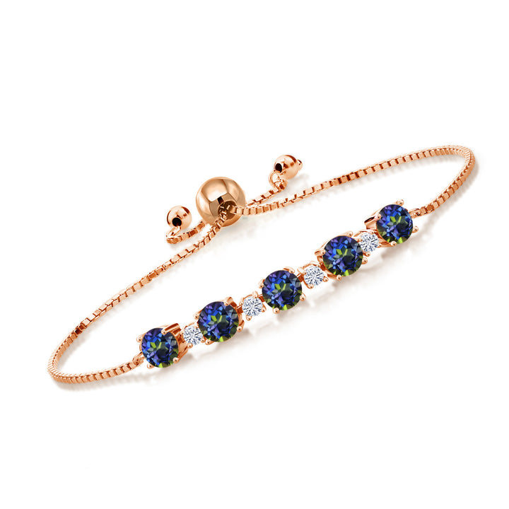 18K Rose Gold Plated Silver Gemstone Birthstone and White Moissanite Tennis Bracelet for Women | Round 5MM and 2.5MM | Adjustable Bolo Design | Easy-On Easy-Off | Fully Adjustable Up to 9 Inch