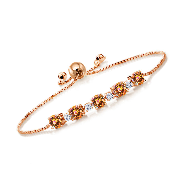 18K Rose Gold Plated Silver Gemstone Birthstone and White Moissanite Tennis Bracelet for Women | Round 5MM and 2.5MM | Adjustable Bolo Design | Easy-On Easy-Off | Fully Adjustable Up to 9 Inch