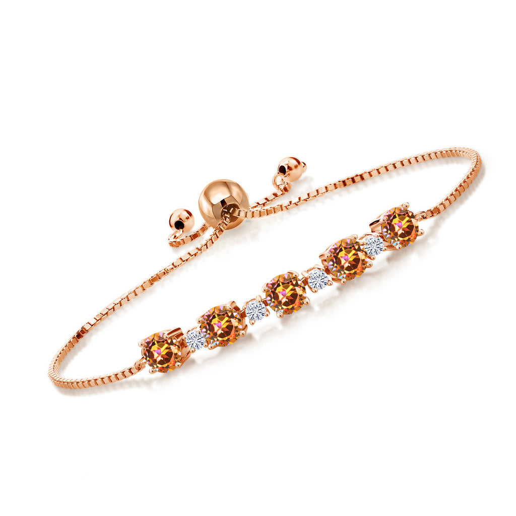 Gem Stone King 18K Rose Gold Plated Silver Gemstone Birthstone and White Moissanite Tennis Bracelet for Women | Round 5MM and 2.5MM | Adjustable Bolo Design | Easy-On Easy-Off | Fully Adjustable Up to 9 Inch