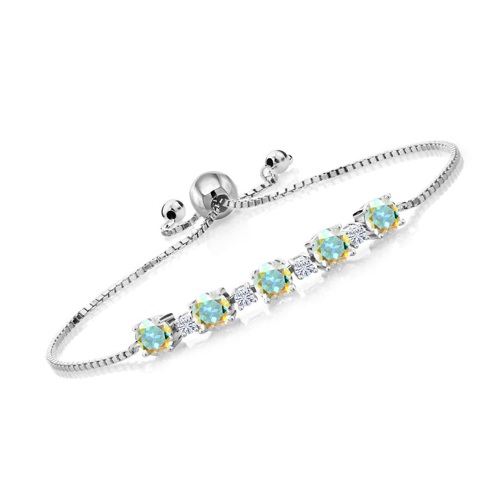 Gem Stone King 925 Sterling Silver Gemstone Birthstone and White Moissanite Tennis Bracelet for Women | Round 5MM and 2.5MM | Adjustable Bolo Design | Easy-On Easy-Off | Fully Adjustable Up to 9 Inch