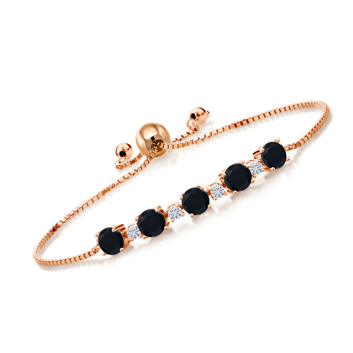18K Rose Gold Plated Silver Gemstone Birthstone and White Moissanite Tennis Bracelet for Women | Round 5MM and 2.5MM | Adjustable Bolo Design | Easy-On Easy-Off | Fully Adjustable Up to 9 Inch