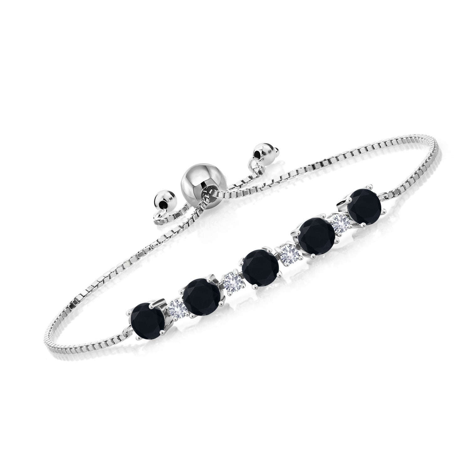 925 Sterling Silver Round Black Onyx and White Created Sapphire Tennis Bracelet For Women (2.58 Cttw, Gemstone Birthstone, Fully Adjustable Up to 9 Inch)