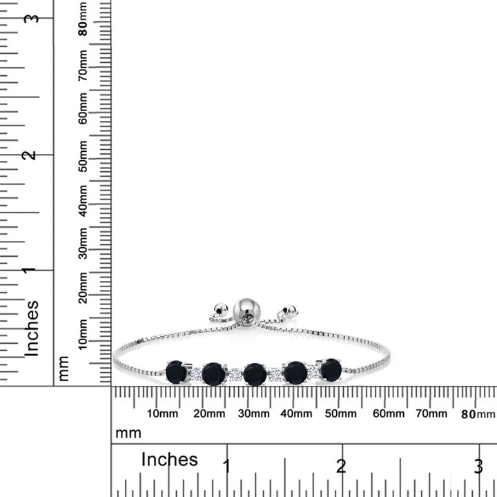 925 Sterling Silver Round Black Onyx and White Lab Grown Diamond Tennis Bracelet For Women (2.64 Cttw, Gemstone Birthstone, Fully Adjustable Up to 9 Inch)