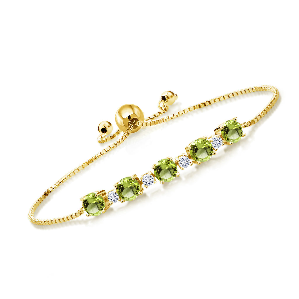 Gem Stone King 18K Yellow Gold Plated Silver Gemstone Birthstone and White Moissanite Tennis Bracelet for Women | Round 5MM and 2.5MM | Adjustable Bolo Design | Easy-On Easy-Off | Fully Adjustable Up to 9 Inch