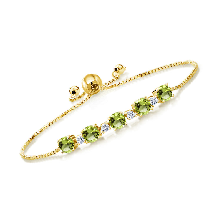 Gem Stone King 18K Yellow Gold Plated Silver Gemstone Birthstone and White Moissanite Tennis Bracelet for Women | Round 5MM and 2.5MM | Adjustable Bolo Design | Easy-On Easy-Off | Fully Adjustable Up to 9 Inch