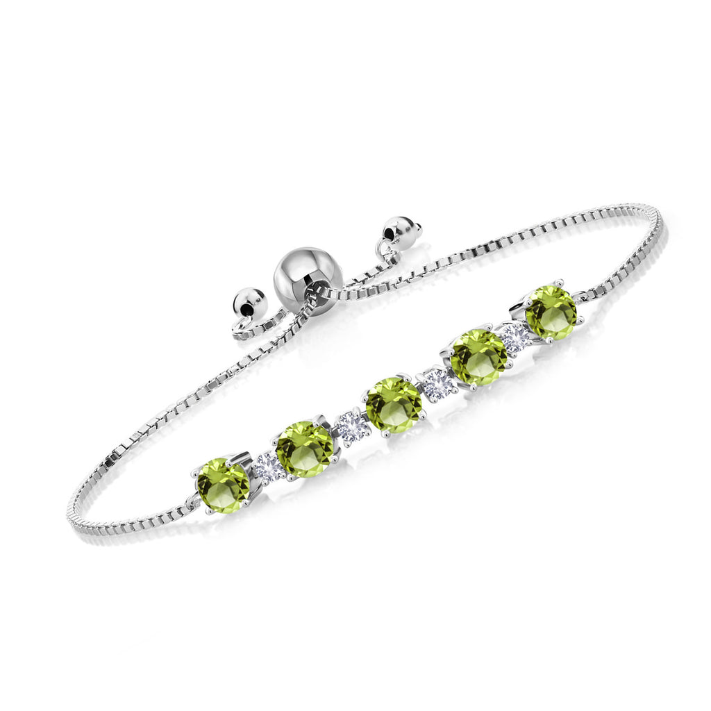 Gem Stone King 925 Sterling Silver Gemstone Birthstone and White Created Sapphire Tennis Bracelet for Women | Round 5MM and 2.5MM | Adjustable Bolo Design | Easy-On Easy-Off | Fully Adjustable Up to 9 Inch