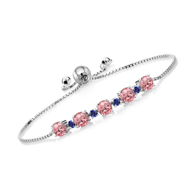 Gem Stone King 925 Sterling Silver Gemstone Birthstone and Blue Created Sapphire Tennis Bracelet for Women | Round 5MM and 2.5MM | Adjustable Bolo Design | Easy-On Easy-Off | Fully Adjustable Up to 9 Inch