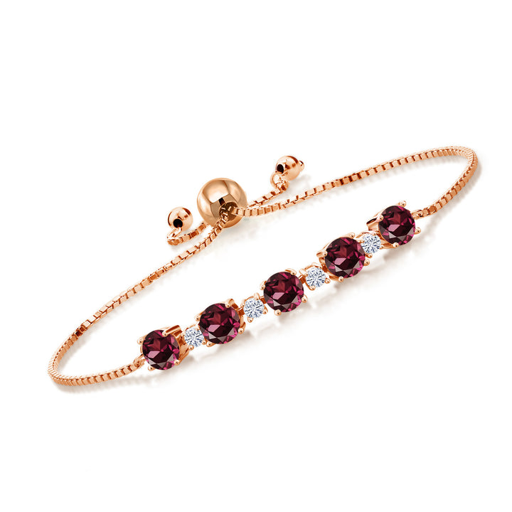 Gem Stone King 18K Rose Gold Plated Silver Gemstone Birthstone and White Moissanite Tennis Bracelet for Women | Round 5MM and 2.5MM | Adjustable Bolo Design | Easy-On Easy-Off | Fully Adjustable Up to 9 Inch