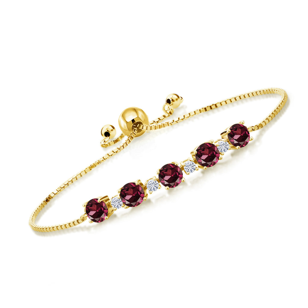 Gem Stone King 18K Yellow Gold Plated Silver Gemstone Birthstone and White Moissanite Tennis Bracelet for Women | Round 5MM and 2.5MM | Adjustable Bolo Design | Easy-On Easy-Off | Fully Adjustable Up to 9 Inch