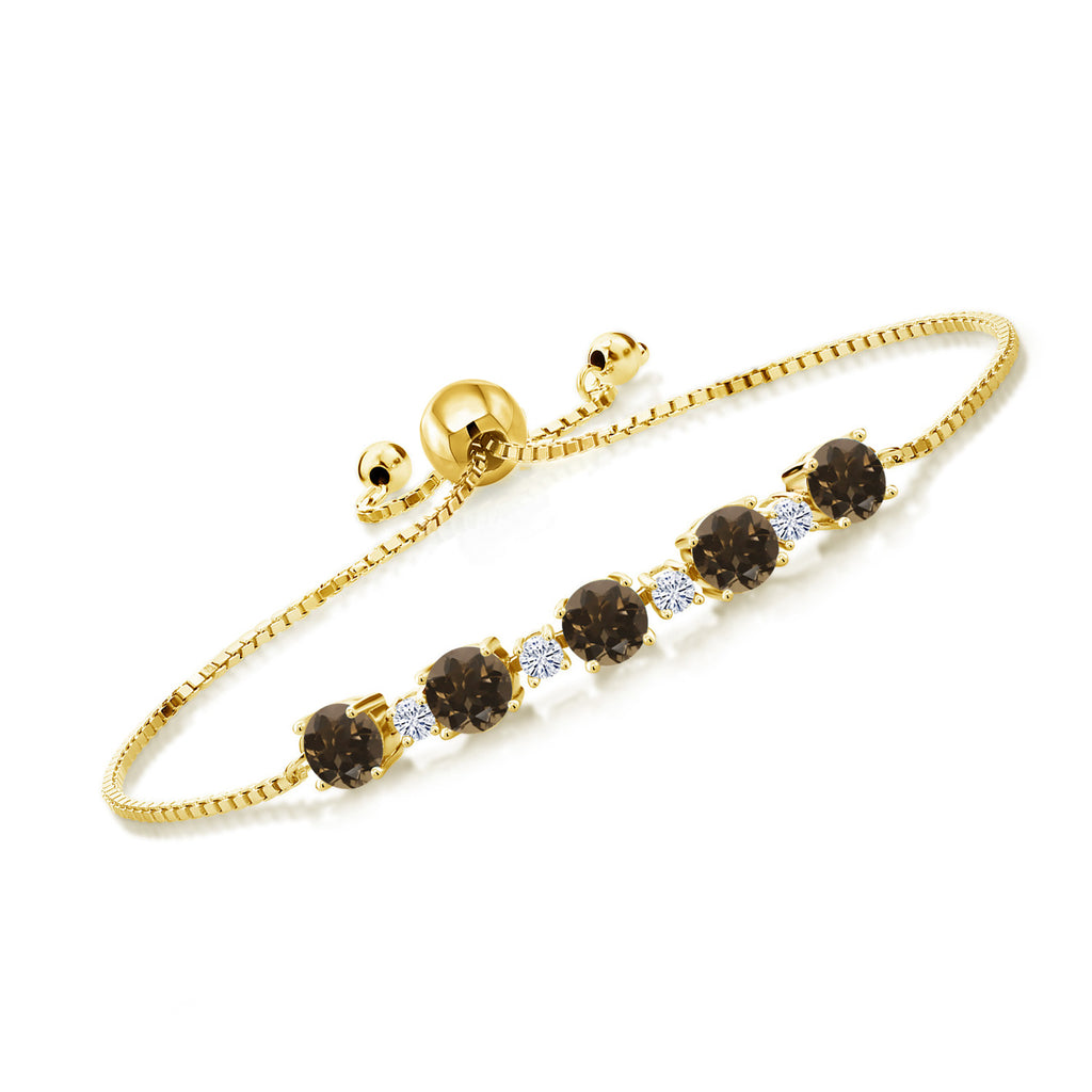 Gem Stone King 18K Yellow Gold Plated Silver Gemstone Birthstone and White Moissanite Tennis Bracelet for Women | Round 5MM and 2.5MM | Adjustable Bolo Design | Easy-On Easy-Off | Fully Adjustable Up to 9 Inch