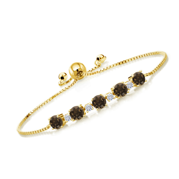 Gem Stone King 18K Yellow Gold Plated Silver Gemstone Birthstone and White Moissanite Tennis Bracelet for Women | Round 5MM and 2.5MM | Adjustable Bolo Design | Easy-On Easy-Off | Fully Adjustable Up to 9 Inch