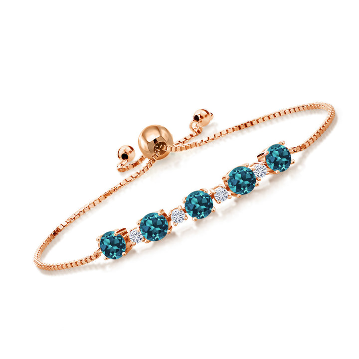 18K Rose Gold Plated Silver Gemstone Birthstone and White Moissanite Tennis Bracelet for Women | Round 5MM and 2.5MM | Adjustable Bolo Design | Easy-On Easy-Off | Fully Adjustable Up to 9 Inch