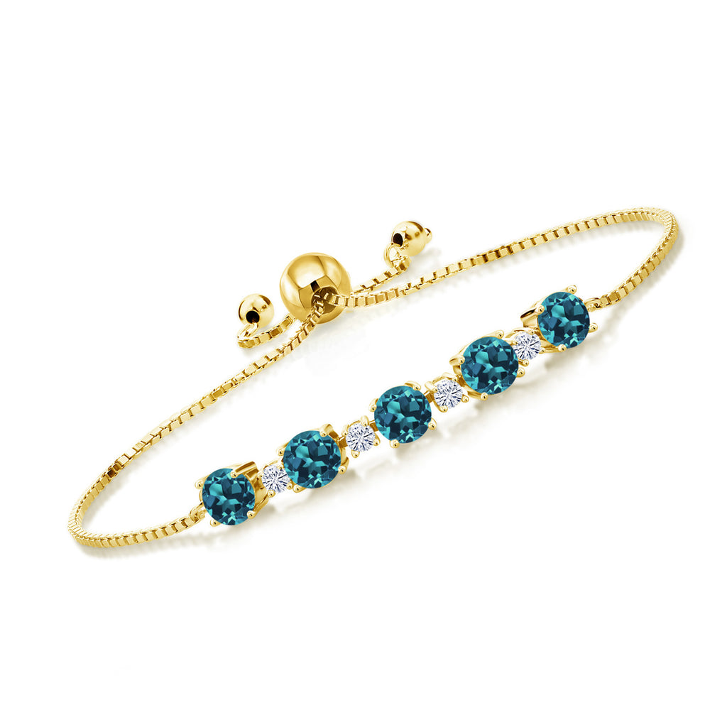 Gem Stone King 18K Yellow Gold Plated Silver Gemstone Birthstone and White Moissanite Tennis Bracelet for Women | Round 5MM and 2.5MM | Adjustable Bolo Design | Easy-On Easy-Off | Fully Adjustable Up to 9 Inch