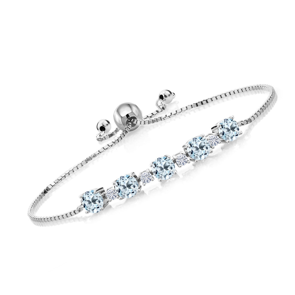 Gem Stone King 925 Sterling Silver Gemstone Birthstone and White Moissanite Tennis Bracelet for Women | Round 5MM and 2.5MM | Adjustable Bolo Design | Easy-On Easy-Off | Fully Adjustable Up to 9 Inch