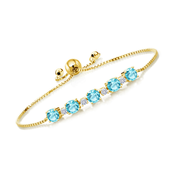 Gem Stone King 18K Yellow Gold Plated Silver Gemstone Birthstone and White Moissanite Tennis Bracelet for Women | Round 5MM and 2.5MM | Adjustable Bolo Design | Easy-On Easy-Off | Fully Adjustable Up to 9 Inch