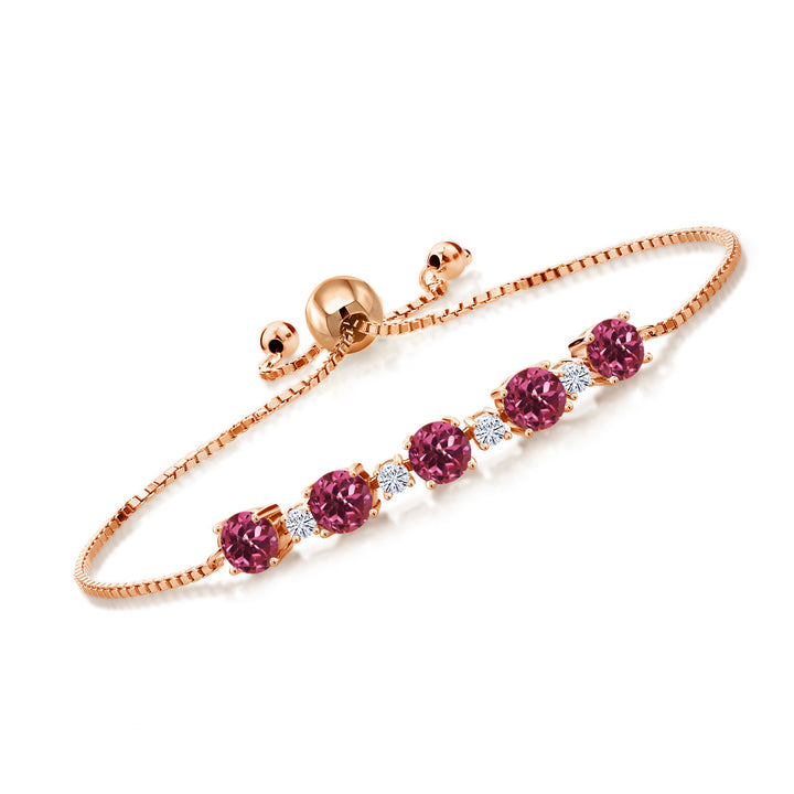 Gem Stone King 18K Rose Gold Plated Silver Gemstone Birthstone and White Moissanite Tennis Bracelet for Women | Round 5MM and 2.5MM | Adjustable Bolo Design | Easy-On Easy-Off | Fully Adjustable Up to 9 Inch