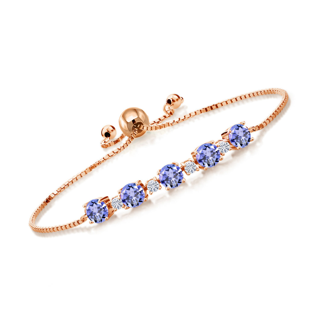 Gem Stone King 18K Rose Gold Plated Silver Gemstone Birthstone and White Moissanite Tennis Bracelet for Women | Round 5MM and 2.5MM | Adjustable Bolo Design | Easy-On Easy-Off | Fully Adjustable Up to 9 Inch