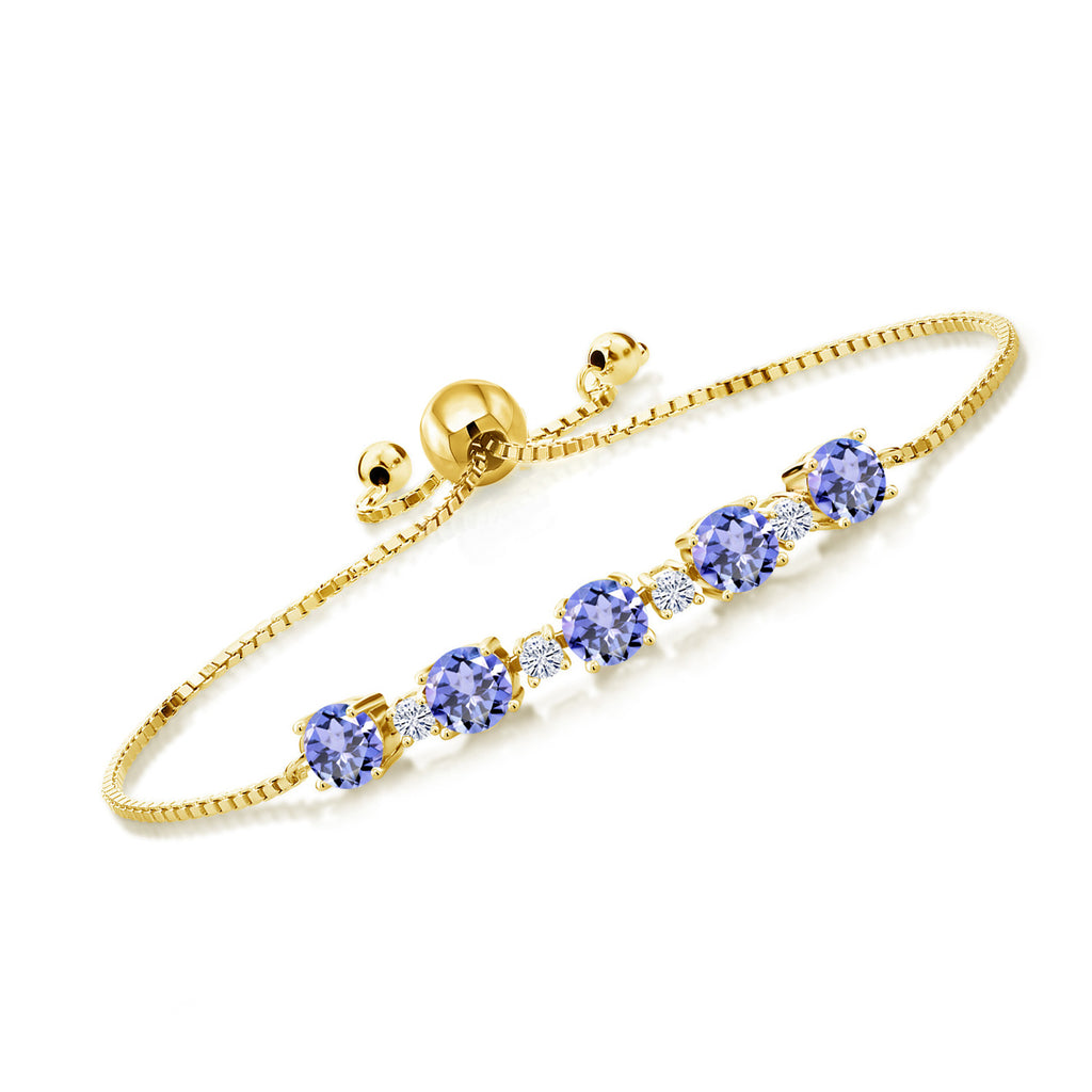 Gem Stone King 18K Yellow Gold Plated Silver Gemstone Birthstone and White Moissanite Tennis Bracelet for Women | Round 5MM and 2.5MM | Adjustable Bolo Design | Easy-On Easy-Off | Fully Adjustable Up to 9 Inch
