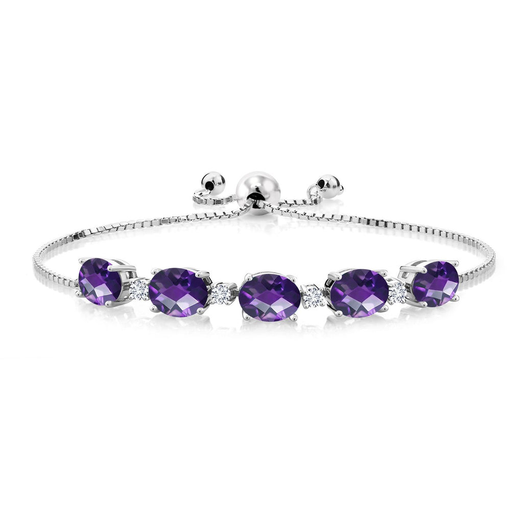 Gem Stone King 925 Sterling Silver Gemstone Birthstone and White Lab Grown Diamond Tennis Bracelet for Women | Oval 8X6MM with Round 2.5MM Accents | Adjustable Bolo Chain | Fine Jewelry for Her Mom Wife