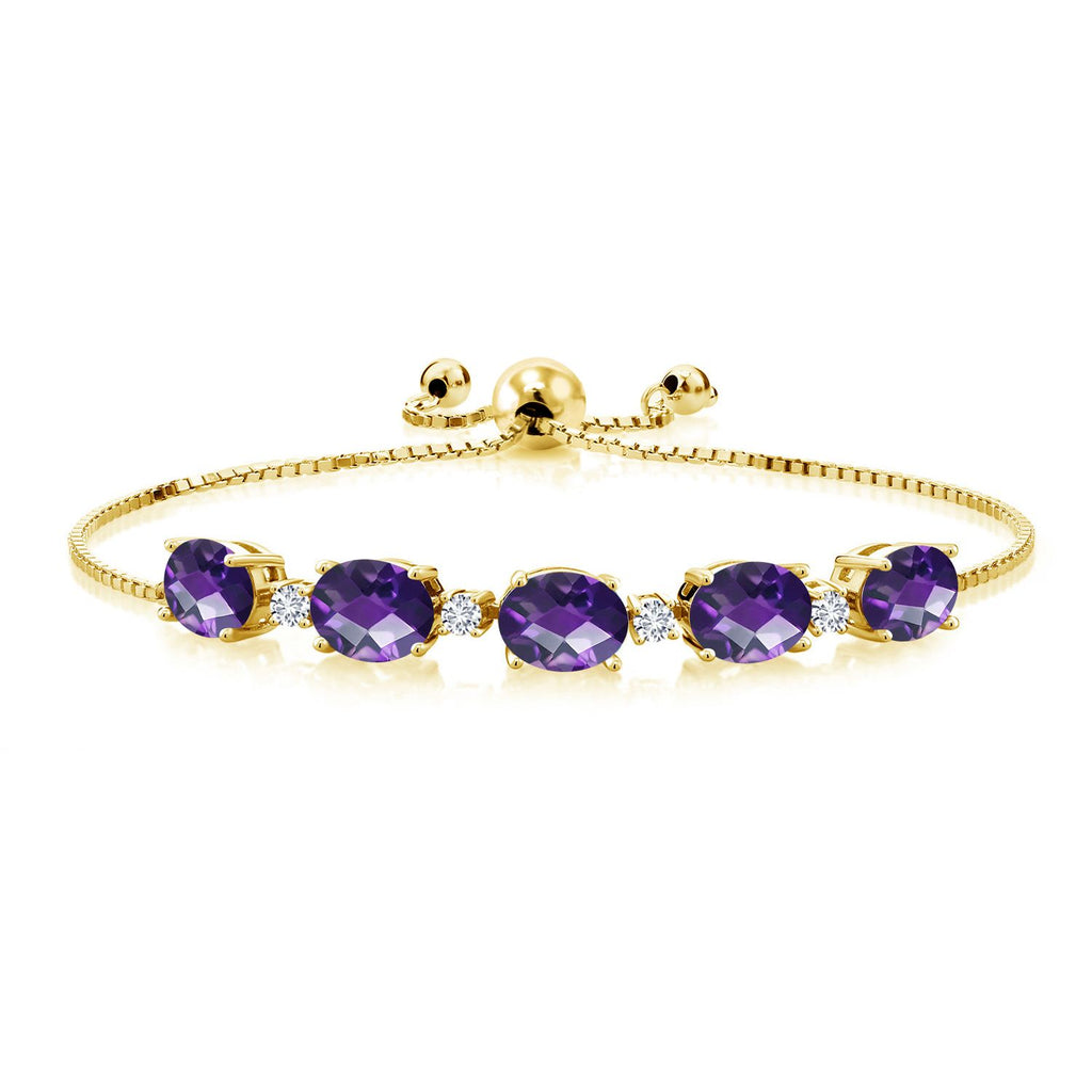 Gem Stone King 18K Yellow Gold Plated Silver Gemstone Birthstone and White Lab Grown Diamond Tennis Bracelet for Women | Oval 8X6MM with Round 2.5MM Accents | Adjustable Bolo Chain | Fine Jewelry for Her Mom Wife