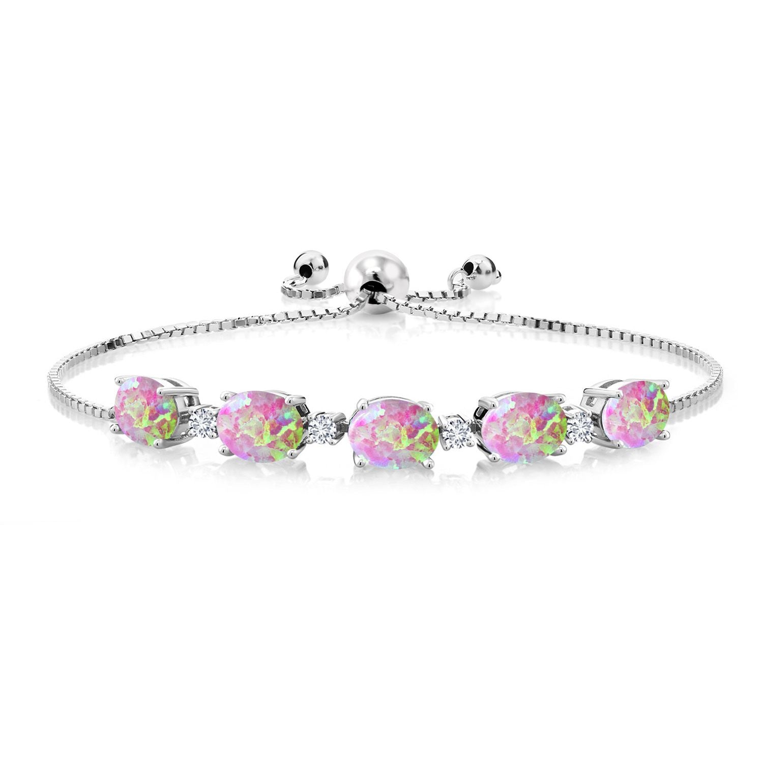 Pink Simulated Opal-Cabochon - October_Bracelet in 925 Sterling Silver