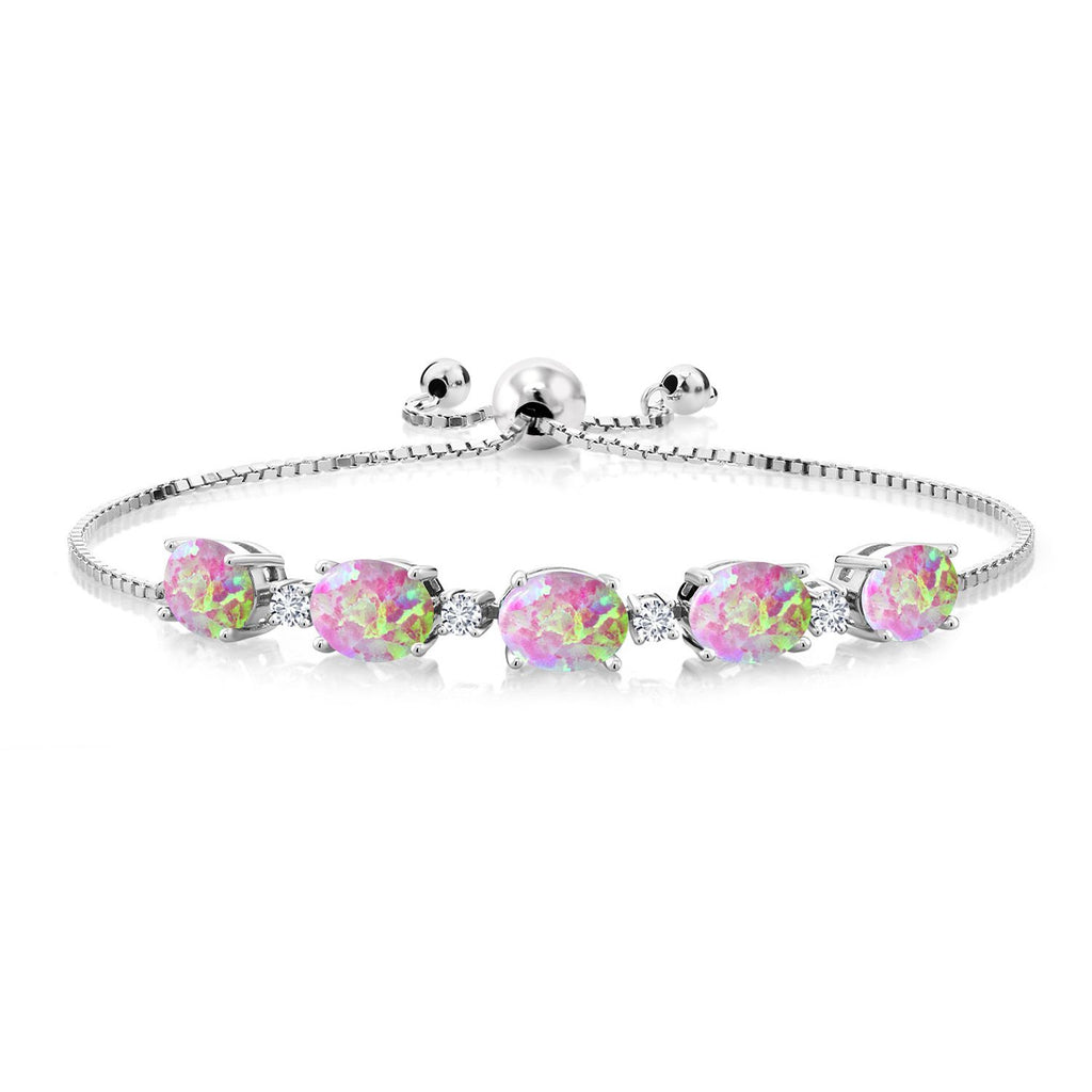 Gem Stone King 925 Sterling Silver Gemstone Birthstone and White Lab Grown Diamond Tennis Bracelet for Women | Oval 8X6MM with Round 2.5MM Accents | Adjustable Bolo Chain | Fine Jewelry for Her Mom Wife
