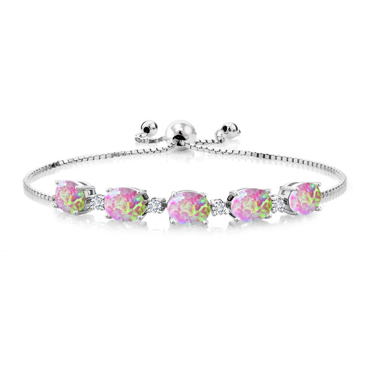 Sterling silver bolo bracelet with five oval pink iridescent gemstones and small accent diamonds