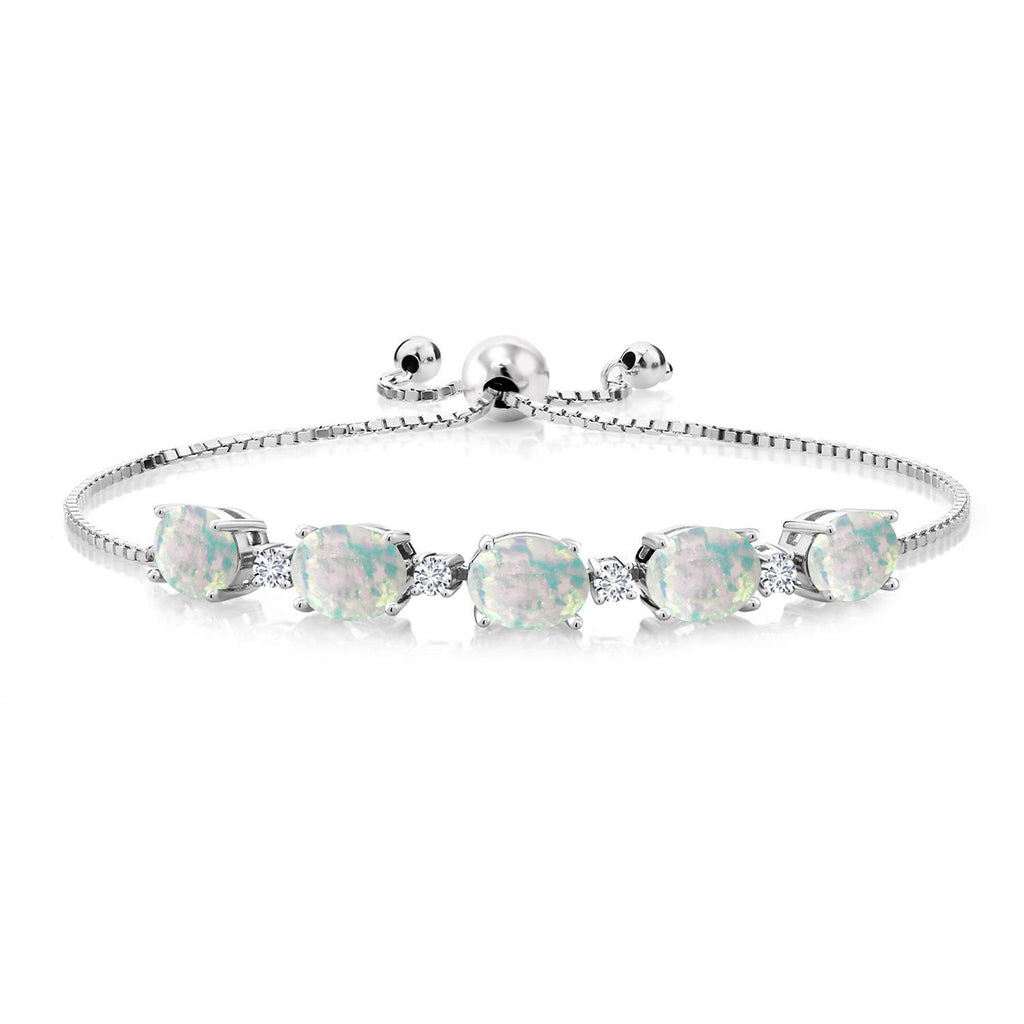 Gem Stone King 925 Sterling Silver Gemstone Birthstone and White Lab Grown Diamond Tennis Bracelet for Women | Oval 8X6MM with Round 2.5MM Accents | Adjustable Bolo Chain | Fine Jewelry for Her Mom Wife