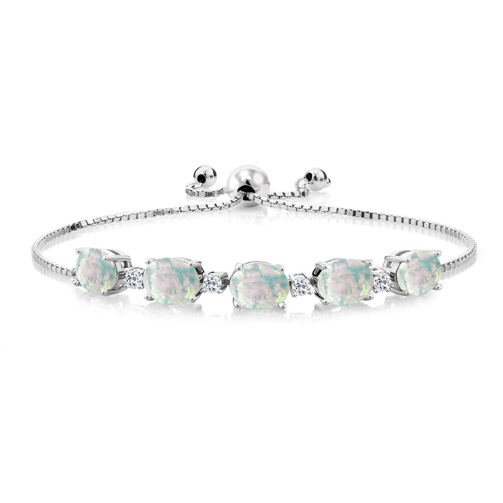 Gem Stone King 925 Sterling Silver Gemstone Birthstone and White Topaz Tennis Bracelet for Women | Oval 8X6MM with Round 2.5MM Accents | Adjustable Bolo Chain | Fine Jewelry for Her Mom Wife