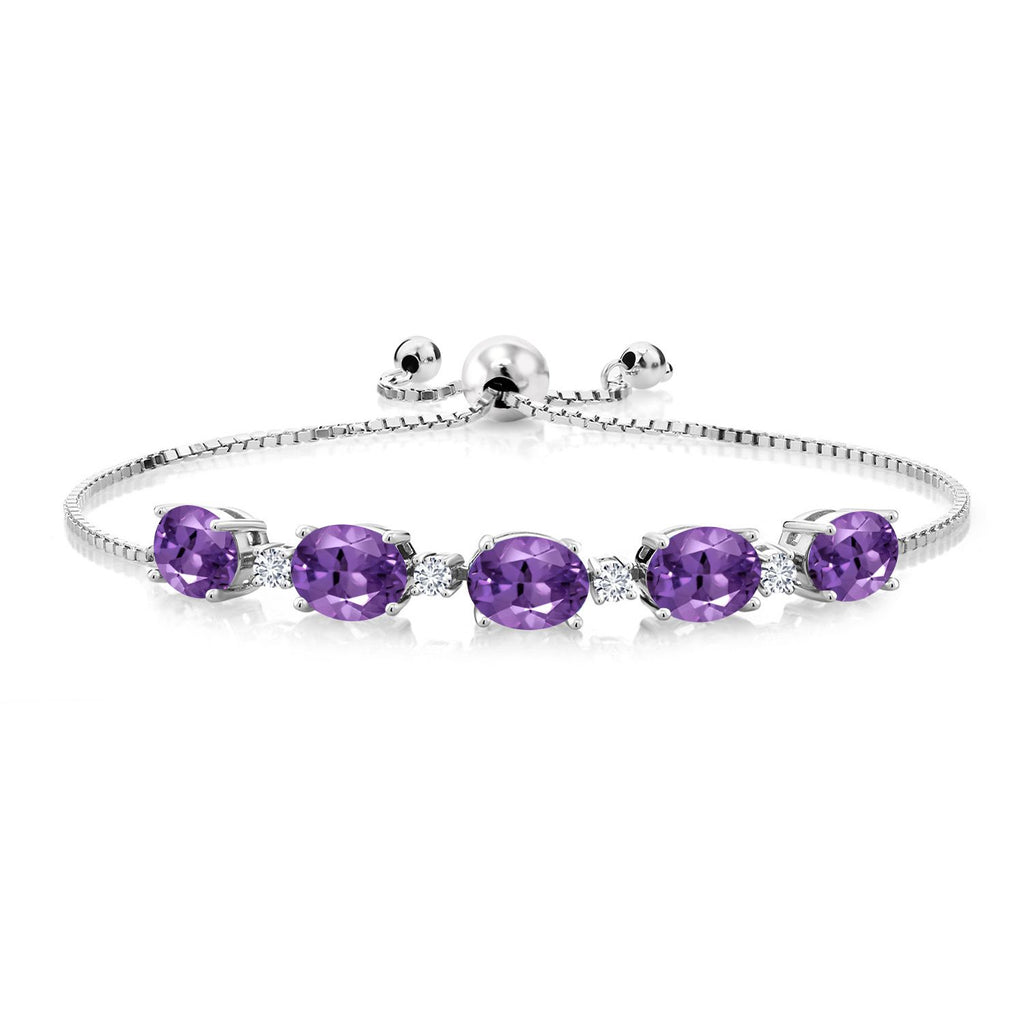 Gem Stone King 925 Sterling Silver Gemstone Birthstone and White Lab Grown Diamond Tennis Bracelet for Women | Oval 8X6MM with Round 2.5MM Accents | Adjustable Bolo Chain | Fine Jewelry for Her Mom Wife