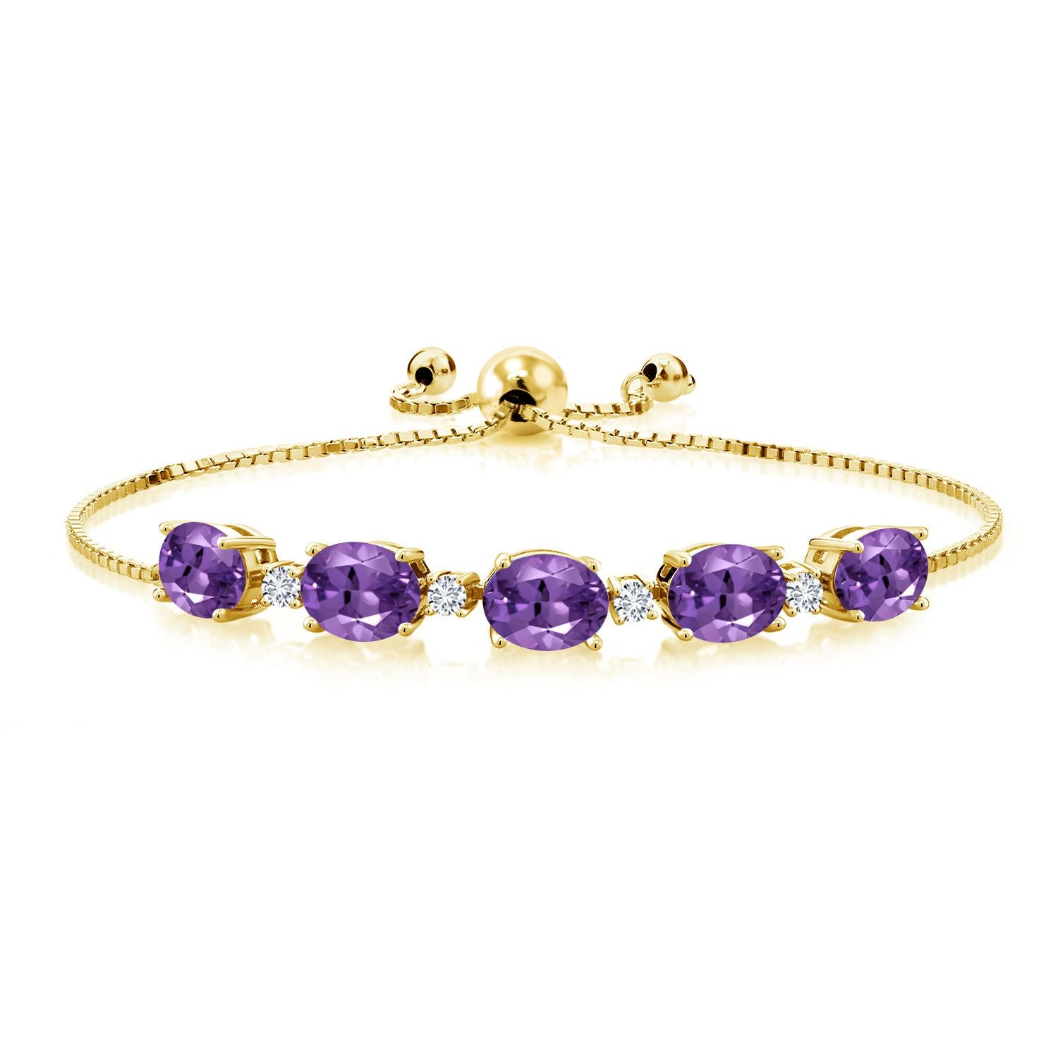 18K Yellow Gold Plated Silver Purple Amethyst and White Lab Grown Diamond Tennis Bracelet For Women (6.01 Cttw, Gemstone Birthstone, Fully Adjustable Up to 9 Inch)