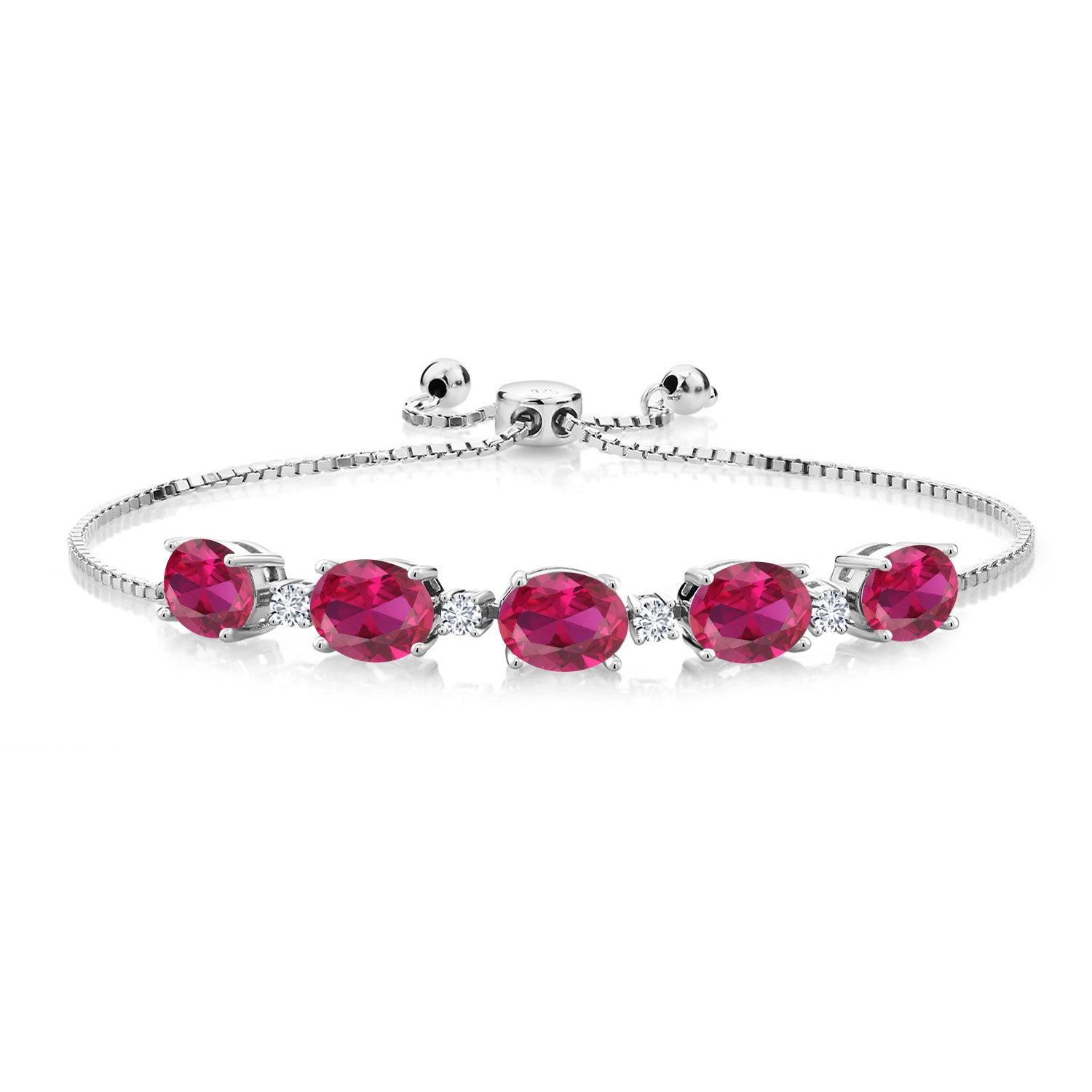 925 Sterling Silver Red Created Ruby and White Lab Grown Diamond Tennis Bracelet For Women (7.76 Cttw, Oval Center Stone:8X6MM, Small Stones: 2.5MM)